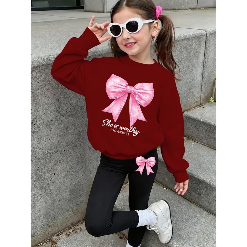 Girls' Sweet Bow Print Casual Comfortable Soft Loose Pullover Sweatshirt and Leggings 2-Piece Set, New Autumn/Winter, Playful, Sweet and Cool Style