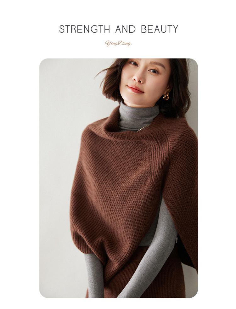 Women's Cashmere Wool Pullover Shawl - Autumn/Winter Coin Stitch Double-Strand Thick Knit
