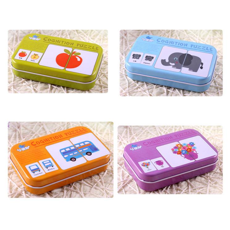 Puzzle Kognitive Karte Fahrzeug/Obst/Tier/Leben Set Paar Puzzle Kleinkind Spielzeug Geschenk mit Metall Box
