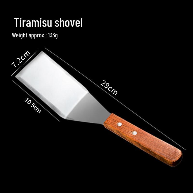 Tiramisu Set: Rectangle Stainless Steel Mold, Cake Base, Long Tray, and Spatula.