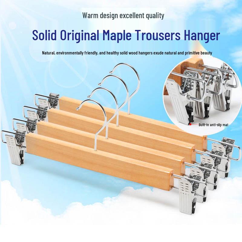 Solid Wood Stainless Steel Clip Trouser Rack - Natural Wood Finish for Adult Clothing Hangers