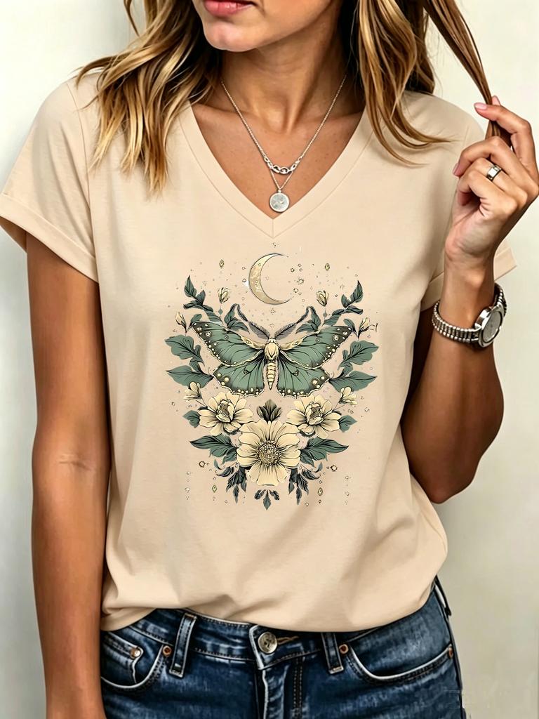 V-Neck Women's Casual Short Sleeve V Neck T-Shirt Graphic Butterfly Floral Print with Moon Stars Spring Summer Top Clothing