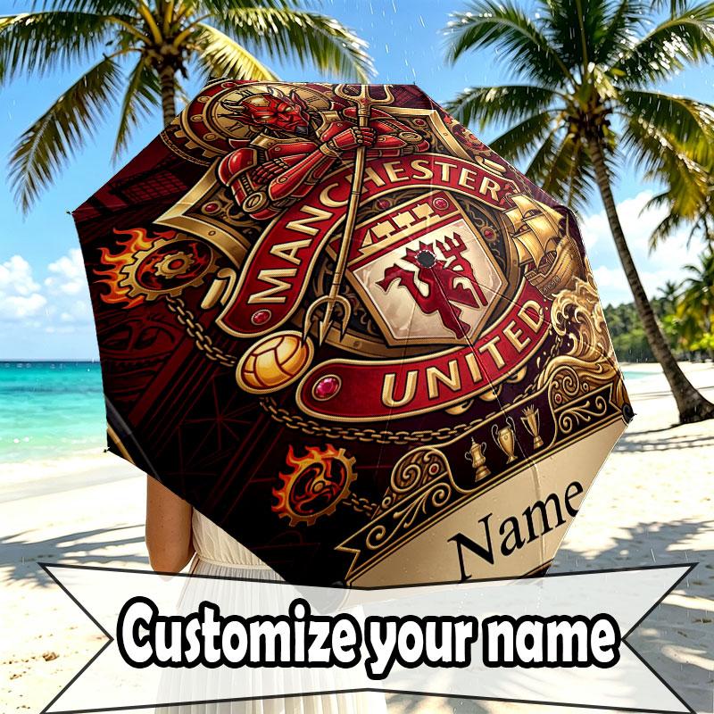 Custom Name Personalized Manchester United Print Umbrella, Auto Open Close, 8‑Rib Sturdy Frame, Commute Camping Hiking Use, Birthday Gift