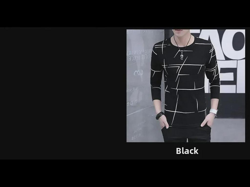 Men's Korean Slim Fit Striped Long-Sleeve Round Neck T-Shirt for Autumn