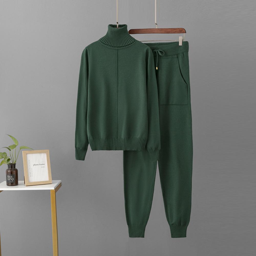 Women 2 Piece Sets Candy Color Knitted Turtleneck Knitwears Sweater Pullover Tops High Waist Casual Harem Pants Outfit