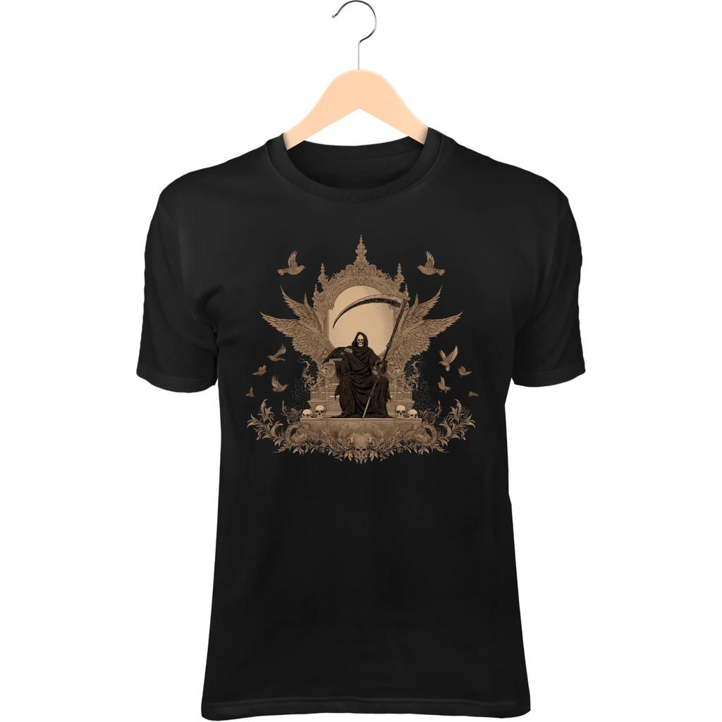 Throne Reaper II T-Shirt – Black Wings Wrapped, Scythe At Side, Bone Throne