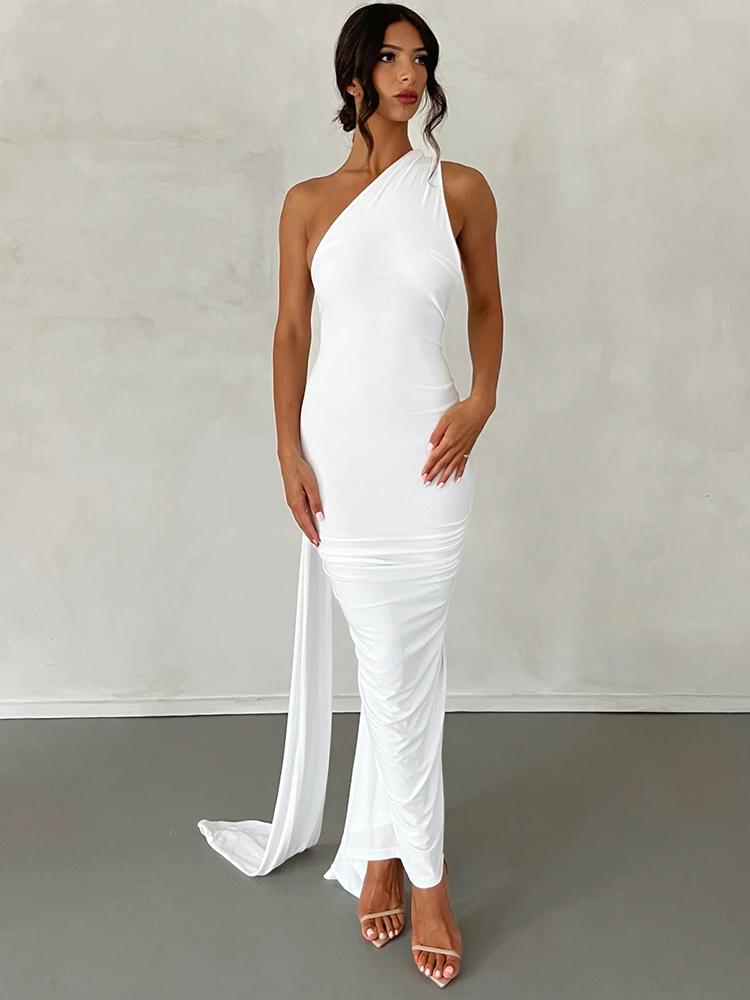 Hugcitar One Shoulder Backless Adjustable Scarf Loop Ruched Sexy Maxi Dress Women Elegant Y2K Streetwear Festival Outfit XS