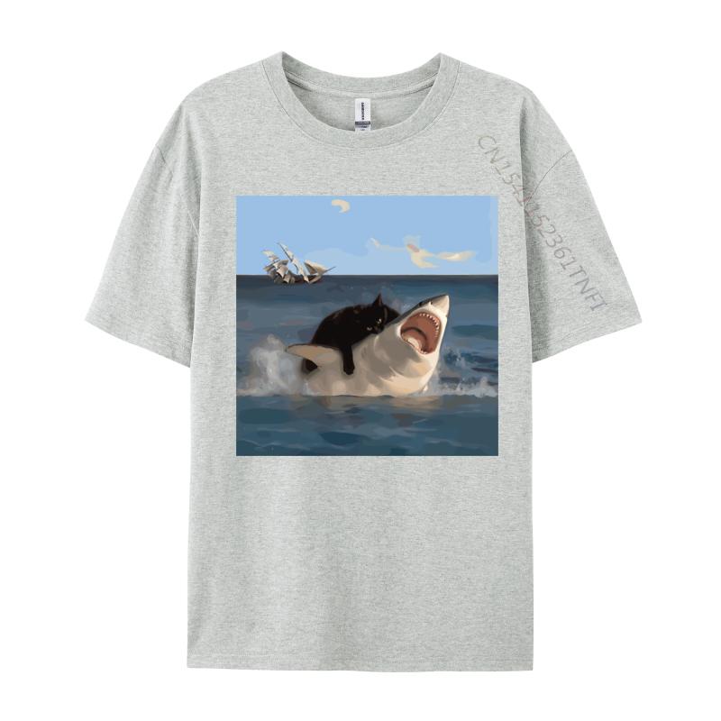 Katze beißt Hai Lustige Kunst und Katzenliebhaber Lustige Katze und Hai Bedrucktes Baumwoll Unisex Oberteil Shirt Normal Hip Hop 2026 Sommer T-Shirt