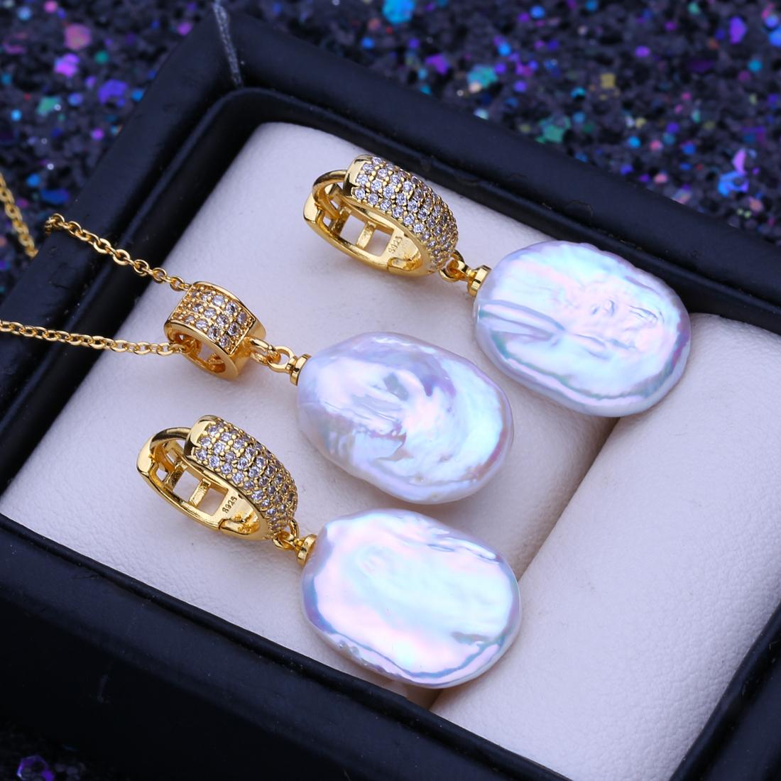 

LSOOYH барочные натуральные пресноводные жемчужные ювелирные наборы для женщин серебряный цвет большой жемчужный кулон ожерелье длинные серьги подарок на день рождения белый