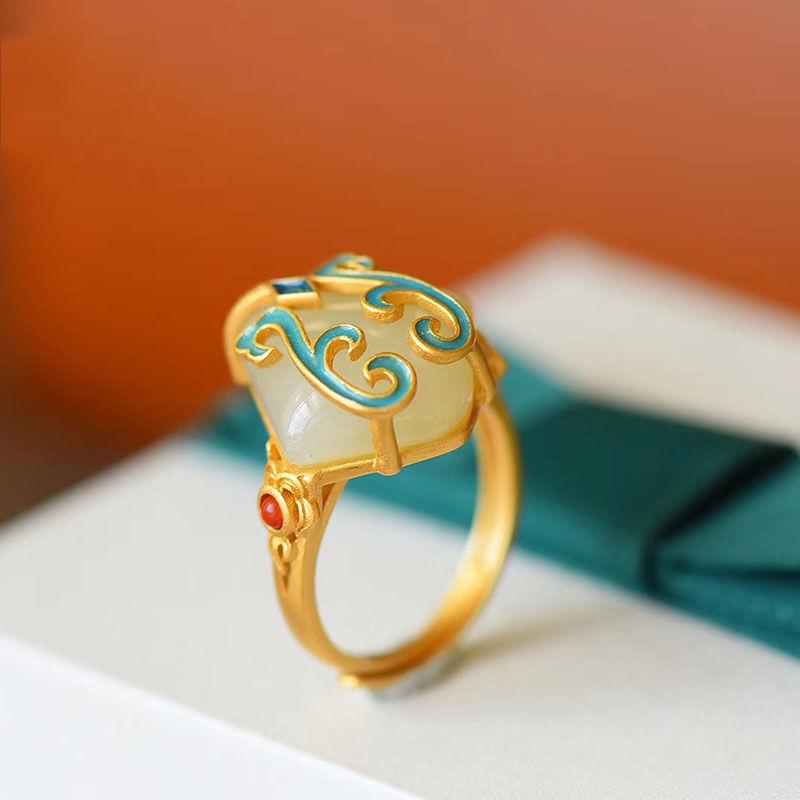 New  Chinese Retro Enamel Ring Inlaid With Hetian Jade Unique Aventurous Craftsmanship, Adjustable Opening For Women