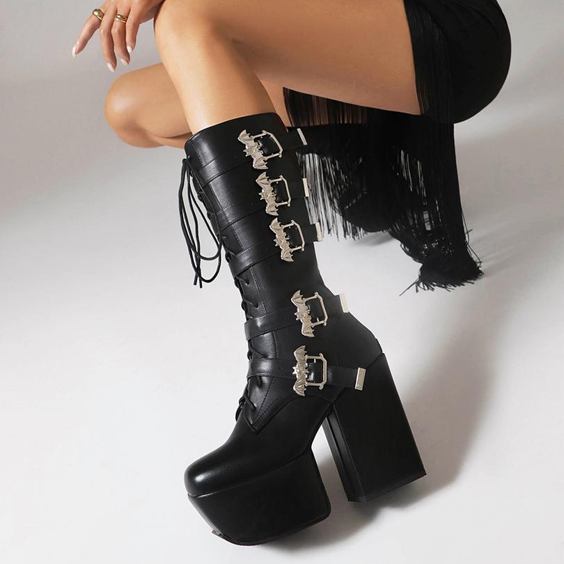 Nadměrná velikost Pět řad kovová přezka netopýr Punkový styl Dámské motorkářské boty Čtvercová špička Platforma Šněrovací Zadní zip Ke kolenům