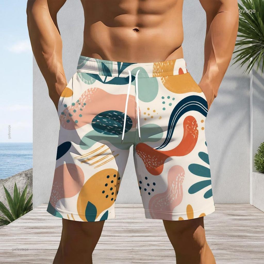 Men Plus Size Colorful Printed Beach Shorts Drawstring Waist Side Pockets Straight Leg