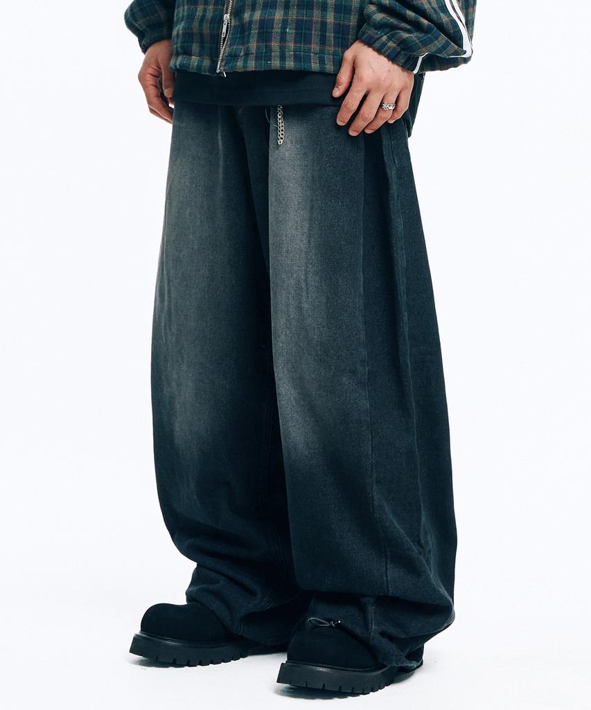 EASY NO EASY Side Pintuck Wide Denim Pants - Black