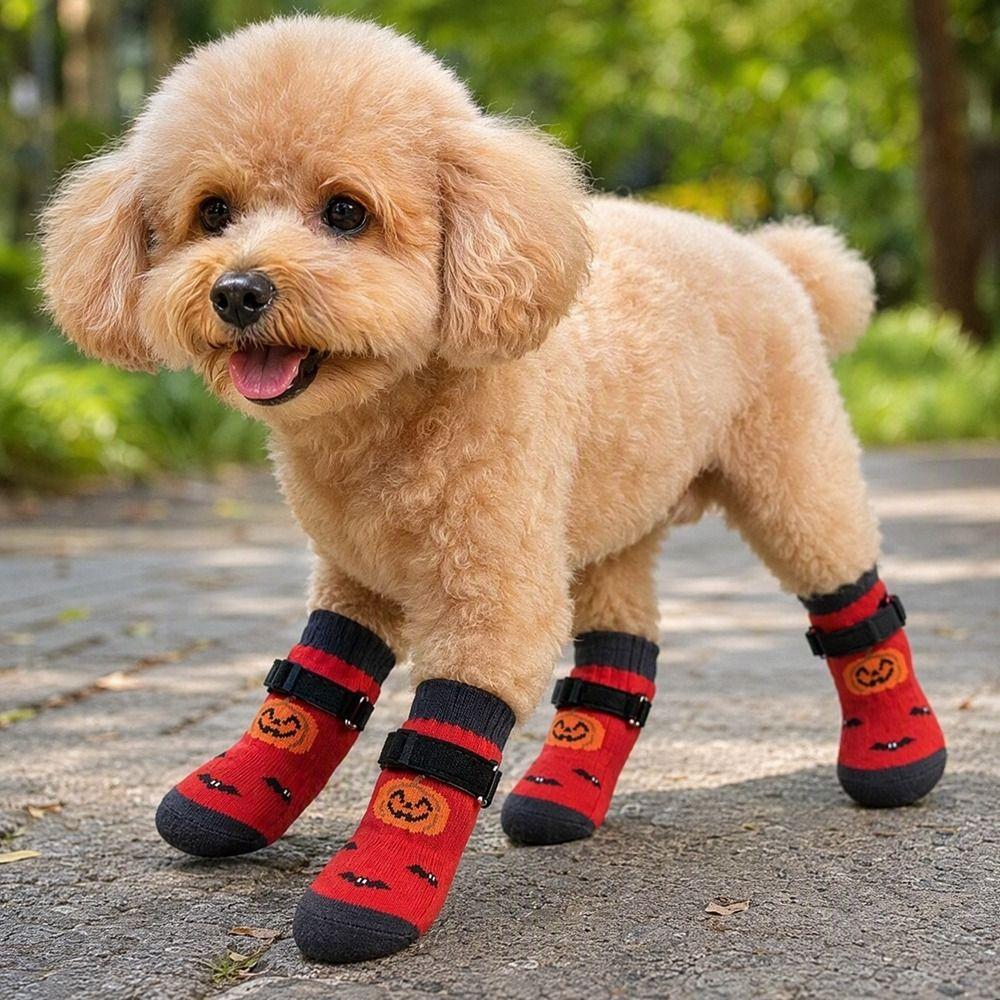 4PCS Breathable Halloween Pet Socks Soft Warm Adjustable Anti-Slip Dog Socks Elastic with Strap Paw Protectors Slippery Floors 2
