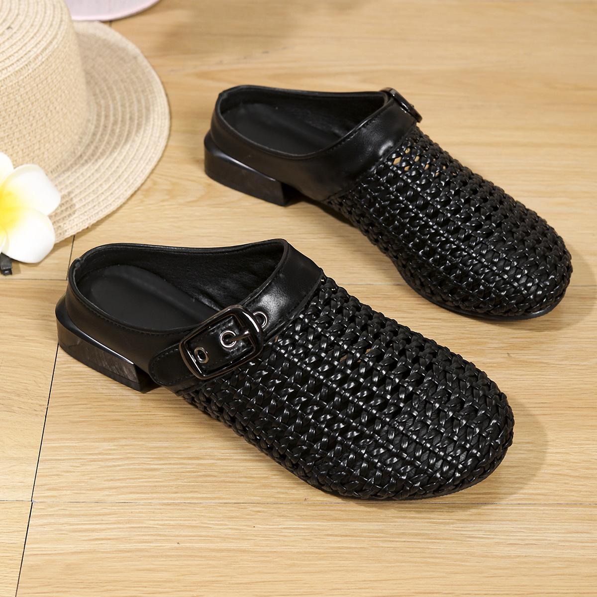 

Women s One Foot Stirrup Lazy Baotou Half Slippers Woven Mule Outwear Hundred Cool Slippers 35 чёрный