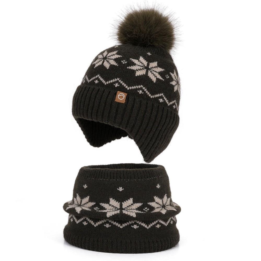 Polyester Winter Knitted Hat Warm Ear Flap Kids Snowflake Beanie for 2/3 Piece Set For Boys Girls
