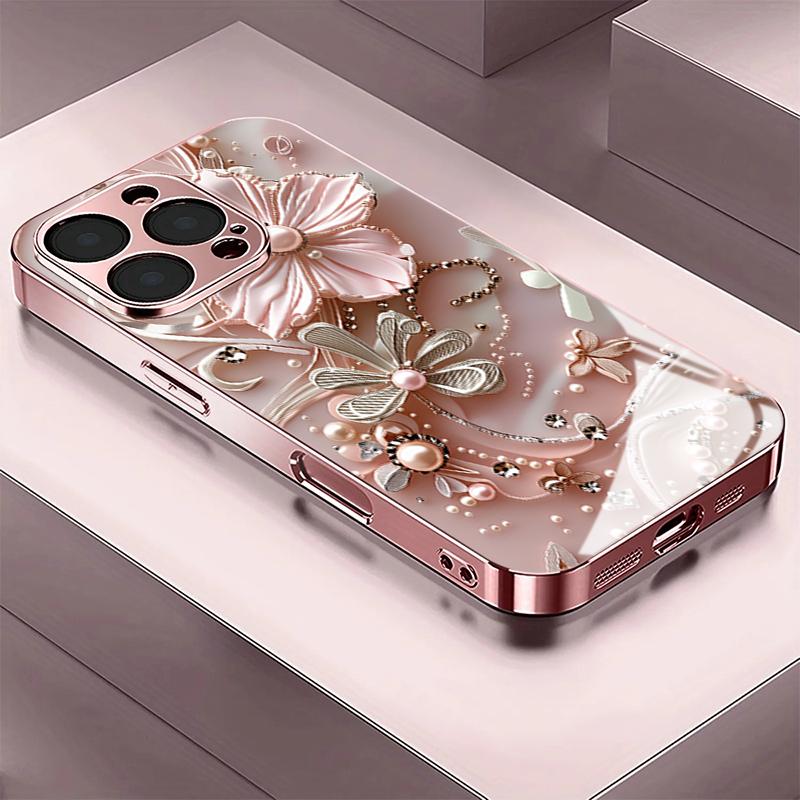 Pink Diamond Flower Tempered Glass Phone Case for iPhone 18 17 Pro Max 16 15 14 Plus 13 12 11 Pro Max 16E 17Air Protection Cover