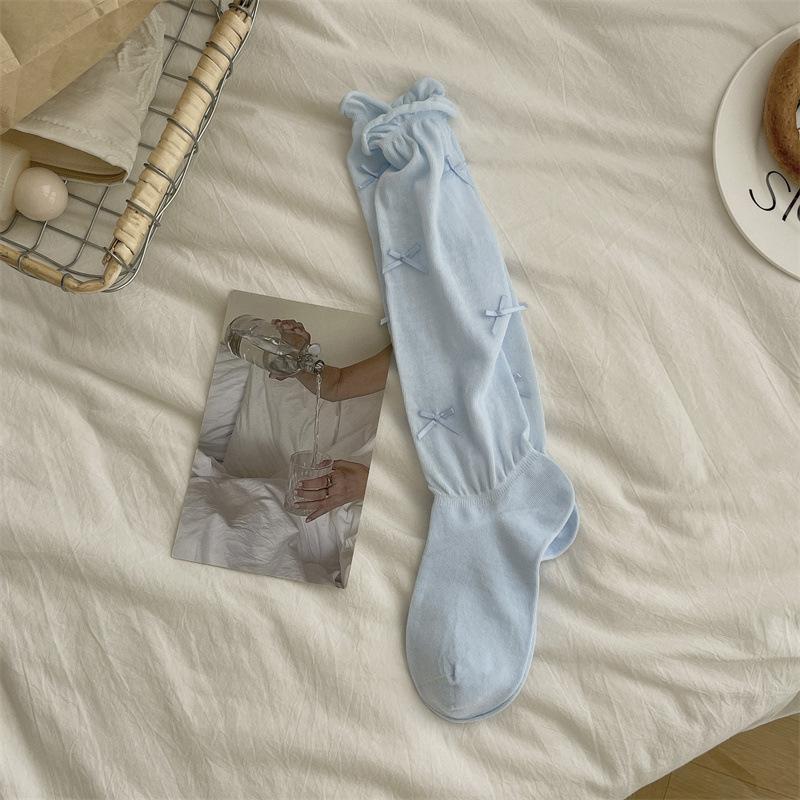 

Летние тонкие носки-гольфы в стиле Лолита с бантом для женщин, милые махровые носки в балетном стиле, чистые и чувственные носки до икры 1 pair синий