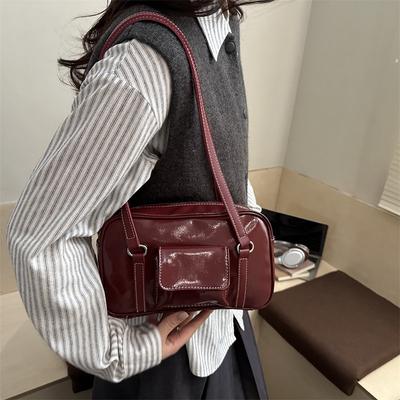 Women’s Vintage Leather Shoulder Bag Retro Baguette Handbag Small Underarm Purse Fashion Y2K Tote Bag with Front Pocket for Daily Use