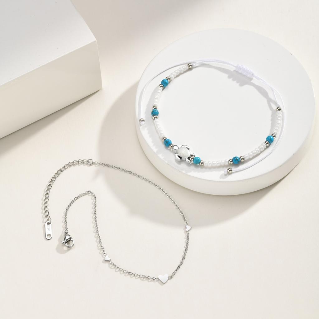 Heart Anklet Set for Women Stainless Steel Turtle Non-tarnish Waterproof Summer Beach Vacation Jewelry