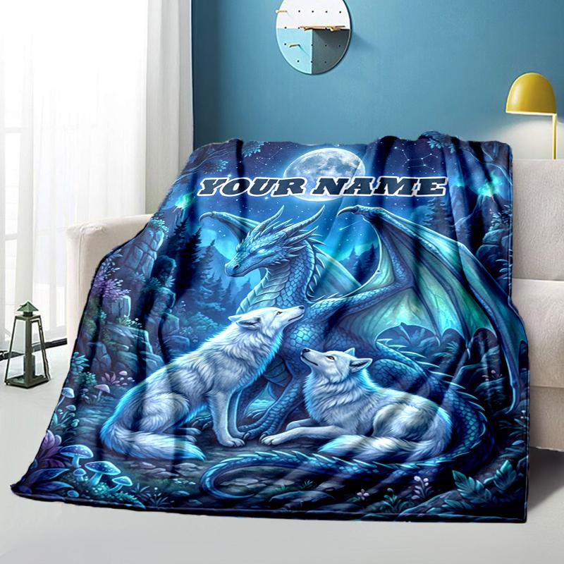 1PC Custom Name "Dragon Wolves Moonlit Forest" blanket versatile,all-season throw suitable for the living room,bedroom,camping,travel,and gift