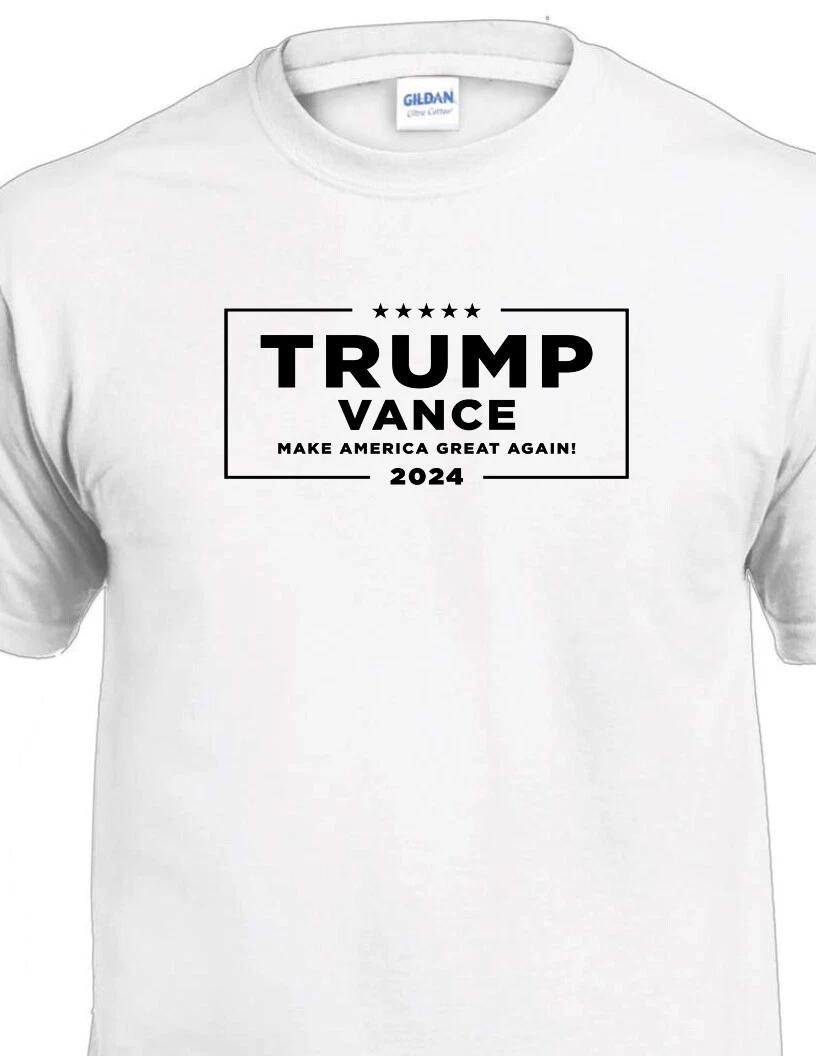 White Trump Vance 2024 Election MAGA GOP Republican Canidates Black Logo T-Shirt XL