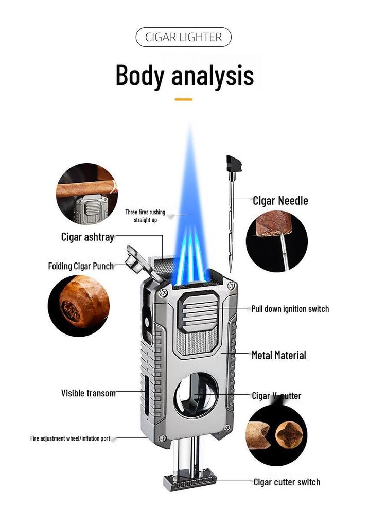 Triple Jet Cigar Lighter with V-Cutter & Puncher