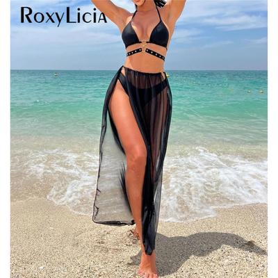 Sexy Halter With High Split Skirt Bikini Female Swimsuit Women Swimwear Three-pieces Bikini Set Bather Bathing Suit Swim