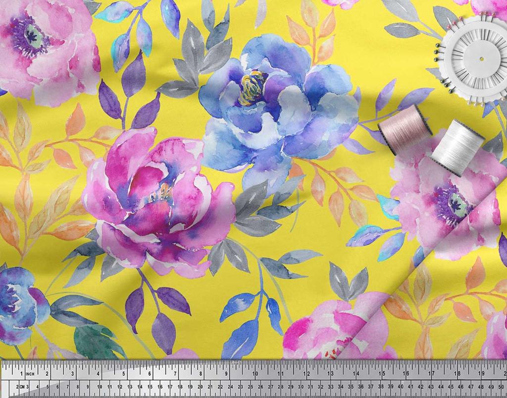 Soimoi Japan Crepe Satin Fabric Leaves & Peony Flower Print Fabric by the Metre 42 Inch