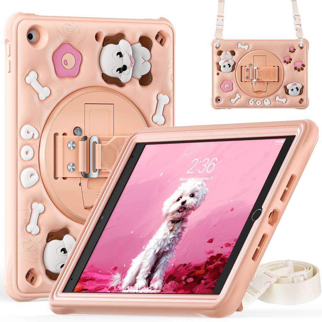 For iPad 10.2 (2021)/(2020)/(2019) Case with Shoulder Strap Kickstand Cute Dog PC+Silicone+TPU Tablet Cover