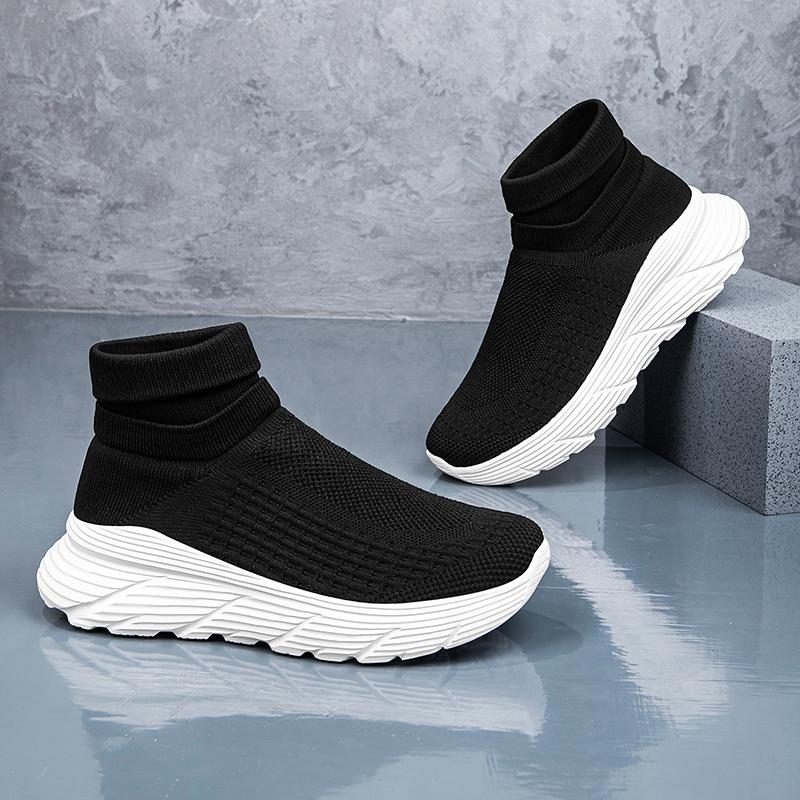 Mesh Flying Woven Sneakers Men's and Women's Thick Socks Shoes Breathable Couple High Top Plus Size Shoes 36-45