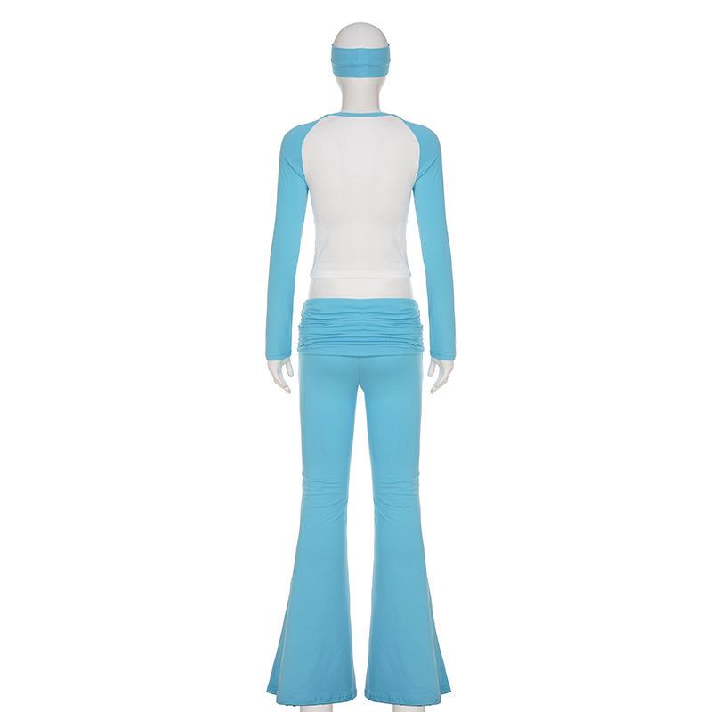 Amerikanisches lässiges Sport-Dreiteiler-Set: Colorblock Langarm-T-Shirt & Cropped Hose