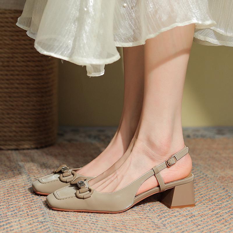 

333-12 Сандалии Мэри Джейн из овчины с зернистой кожей личи, с ремешком сзади, на массивном каблуке, с квадратным носком для женщин 38 абрикосовый