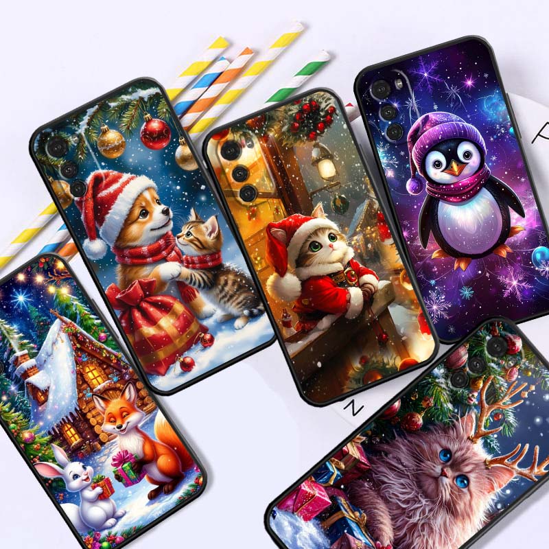 Christmas Cartoon Cat Art For Motorola G85 Edge 50 G24 G35 G14 G04 40 G72 G34 G G54 G13 G32 5G Black Phone Case