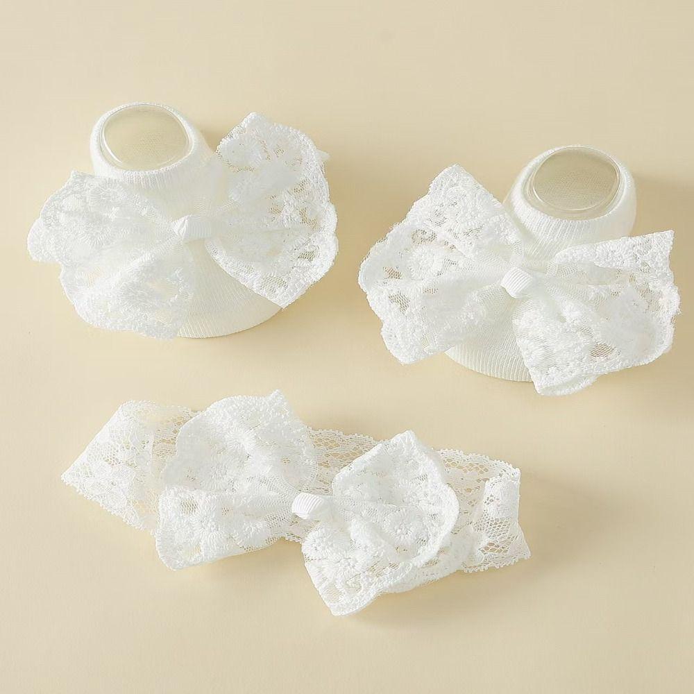 2Set Lace Bow Baby Headband Socks Set Soft Cute Baby Floor Sock Breathable Korean Style Elastic Hair Band Newborn Baby