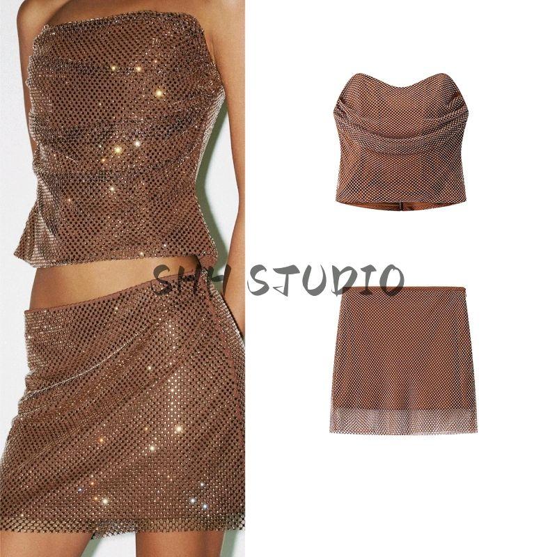 Autumn New Women's Clothing Sexy Wind Silm Slim Looking Light Diamond Sexy Tube Top Tops + Short Skirt Suit