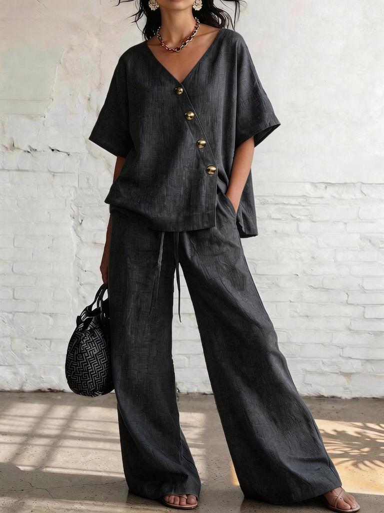 2026 spot new product European and American independent station summer leisure vacation loose cotton and linen v-neck wide-leg pants two-piece set
