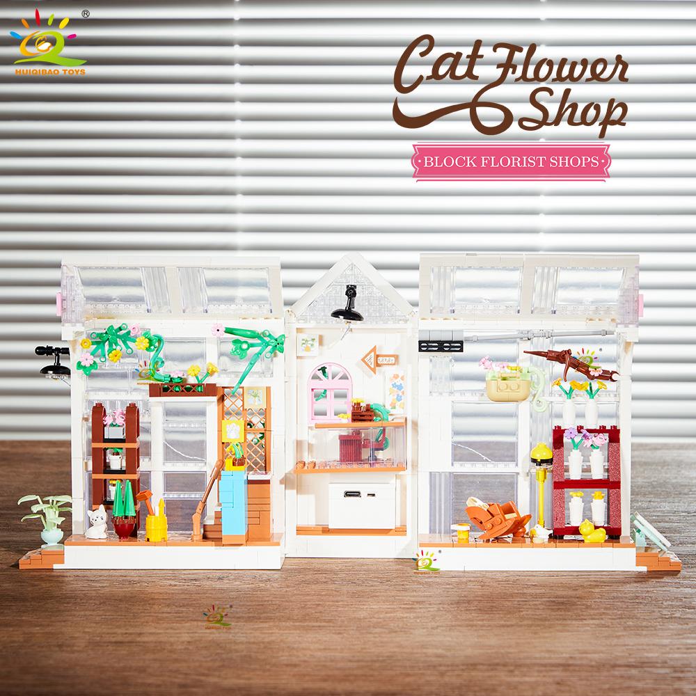 Non-Toxic Moc Cat Cafe Shop Bookends Model Micro Building Block Bookstore Flower Shop Mini Brick Toy For Children Desk Decor.