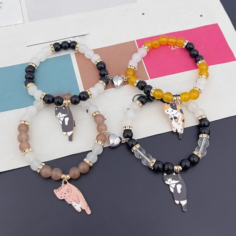 2Pcs Cute Cat Pendant Jewelry Matching Magnetic Couple Bracelets For Lovers Natural Stone Beaded Bangles Valentine Gift