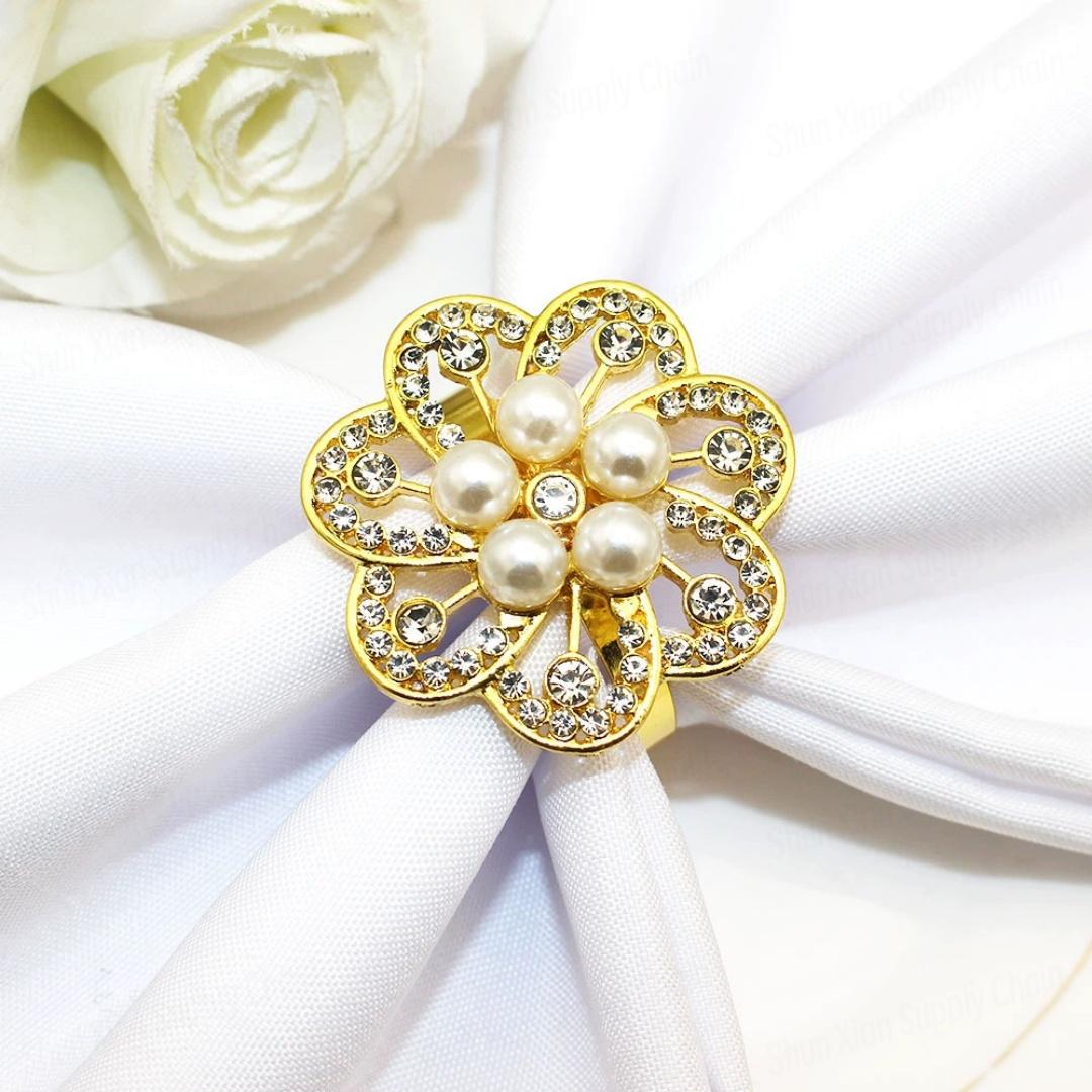 Custom Luxury European Plum Blossom Pearl Rhinestone Handmade Personalized Metal Napkin Rings for Hotel Wedding Banquet Table one size
