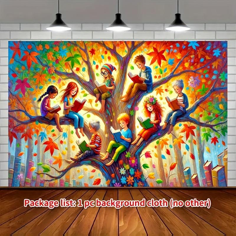 Ein 2D flaches Herbst-Lesebaum-Banner - ein Hintergrundtuch für den Spaß der Kinder beim Lesen unter bunten Blättern, zur Dekoration