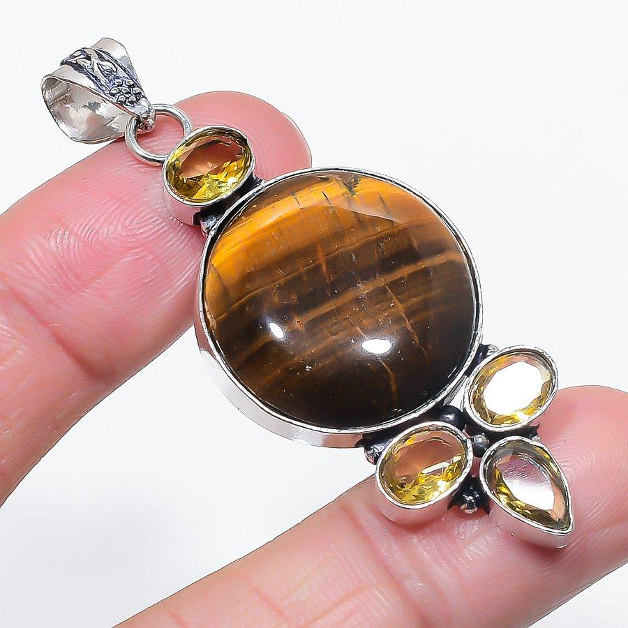 

Natural Tiger Eye, Citrine 925 Sterling Silver Jewelry Pendant 2.56 j2O54