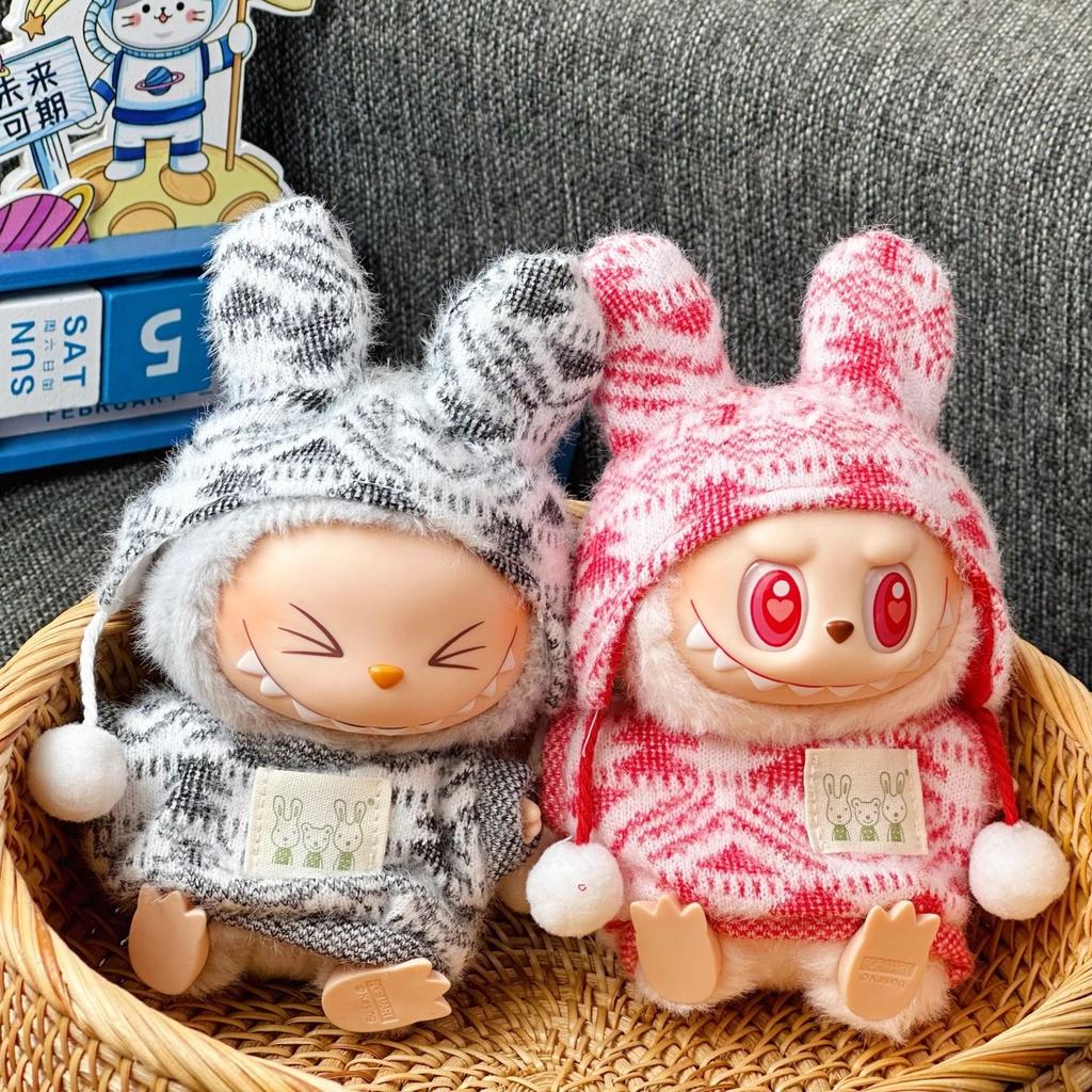 17CM Labubu Doll Coat Rabbit Hat Knitted Sweater Set Labubu Clothes
