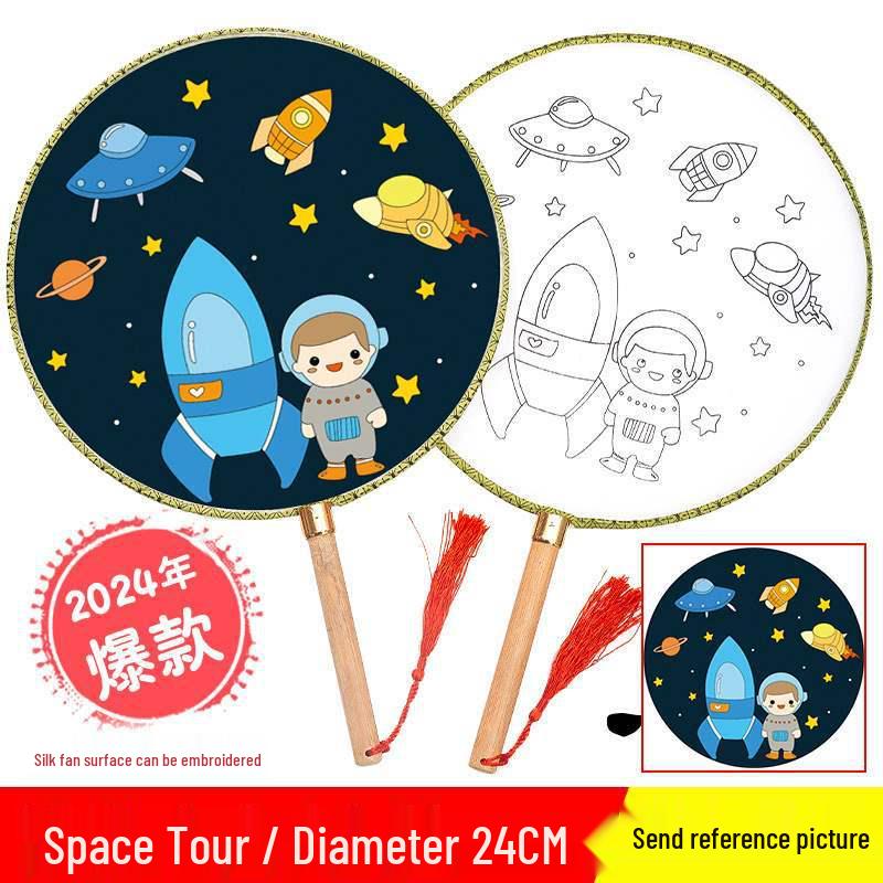 DIY Children's Silk Cloth Round Fan with Bamboo Handle - Palace Style Hand-Painted Kindergarten Craft