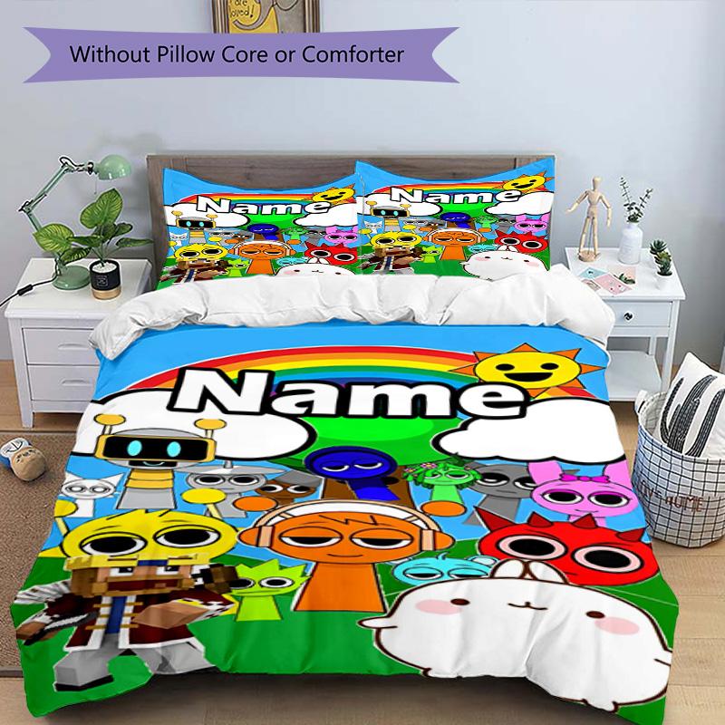 3pcs Duvet Cover Set (1*Duvet Cover + 2*Pillowcase, Without Core), Custom Name Sprunki Game Pattern Bedding Set, Home Bedroom Decor Gift
