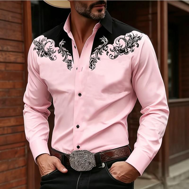 Stylish Men's Baroque Floral Embroidered Western Shirt, Satin Feel Slim Fit Button Up Blouse