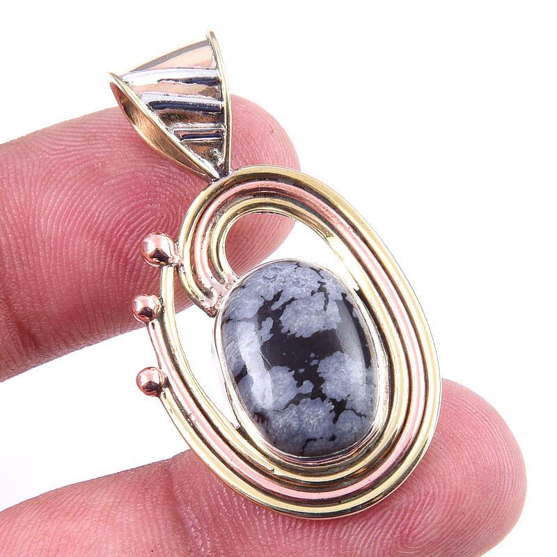

Natural Snowflake Obsidian Gemstone 925 Solid Silver Two Tone Pendant 1.50 l7l76