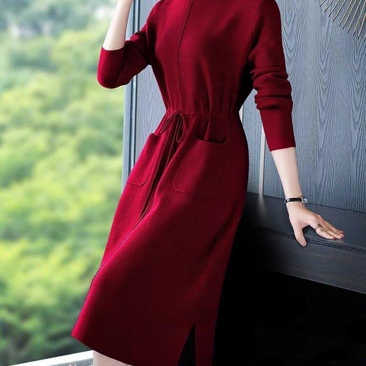 

Вязаное платье с высоким воротом для женщин на осень и зиму, средней длины, платье-свитер, с длинными рукавами, повседневный пуловер XL красный