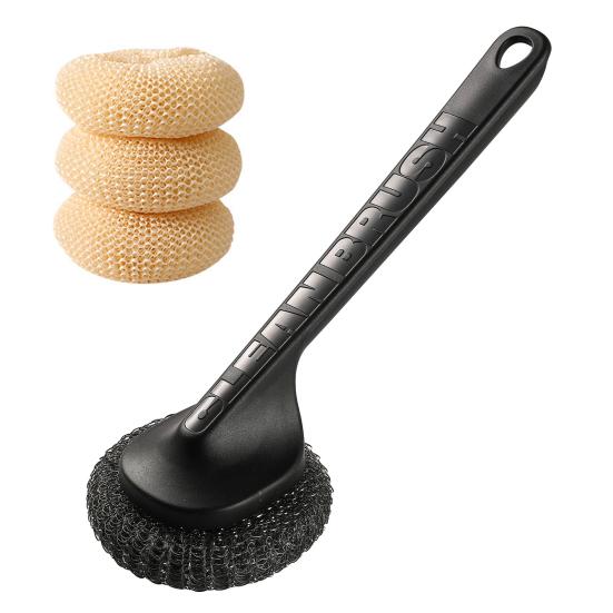 Pot Brush with Steel Ball Head Anti-Slip Grip Hanging Hole Long Handle Dishes Scrubber Kitchen Cleaning Tool