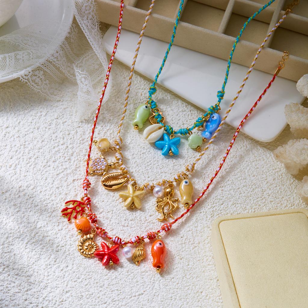 Beach Vacation Starfish Fish Shell Charm Necklace for Women Beige Rope Chain Imitation Pearl Ocean Boho Summer Jewelry Gift